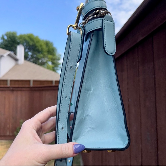 Orla Kiely Blue Punched Stem Leather Zip Crossbody Convertible Backpack Handbag - Picture 11 of 16